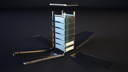 3D rendering of data center server rack tower. Full build with cable management and power supply. Datacenter cloud cluster. Backup, hosting, farm and storage rack.