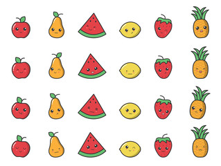 kawaii apple, pear, watermelon, lemon, strawberry, pineapple with cute black eyes. kawaii fruits with emotional faces