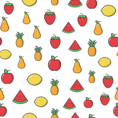 fruits color seamless pattern. filled vector fruits. apple, pear, watermelon, lemon, strawberry, pineapple pattern