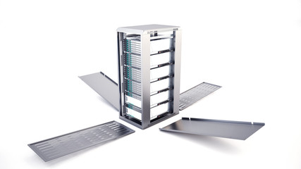 3D rendering of data center server rack tower. Full build with cable management and power supply. Datacenter cloud cluster. Backup, hosting, farm and storage rack.