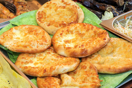 Khachapuri on the white table. Traditional Georgian bread