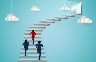 Obraz premium Businessmen are competition running up the stair to the door. go to success goal. business finance concept. creative idea. leadership concept. startup. illustration cartoon vector