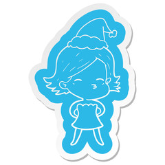 cartoon  sticker of a woman wearing santa hat