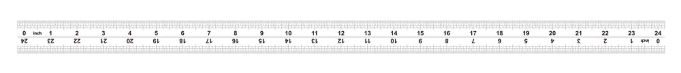 Ruler bidirectional 24 inches. The division price is 1/32 inch. Precise measuring tool. Calibration grid.