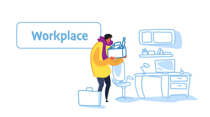 casual business man holding box with office stuff recruitment new job workplace concept vacancy position modern office interior sketch flow style horizontal