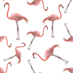 Fototapeta premium Pink flamingo watercolor seamless pattern on white background