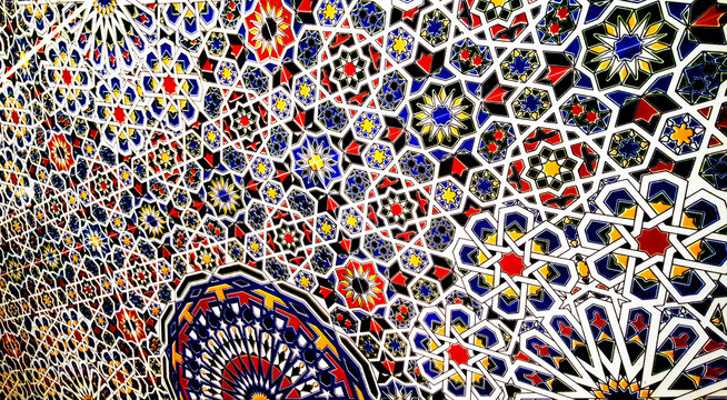 traditional moroccan zellije tiles, Ceramic Zellije tile-mosaic wall, colorful Islamic geometric pattern, Arabe Arabic texture background.