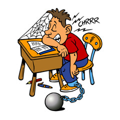Student sleeping on school desk and exercising a punishment, color cartoon