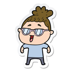 sticker of a cartoon happy woman wearing spectacles