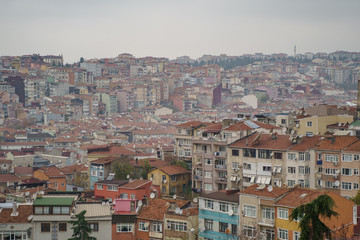 Fototapeta na wymiar Aerial panorama view to Istanbul, Turkey. Dramatic sky over the city