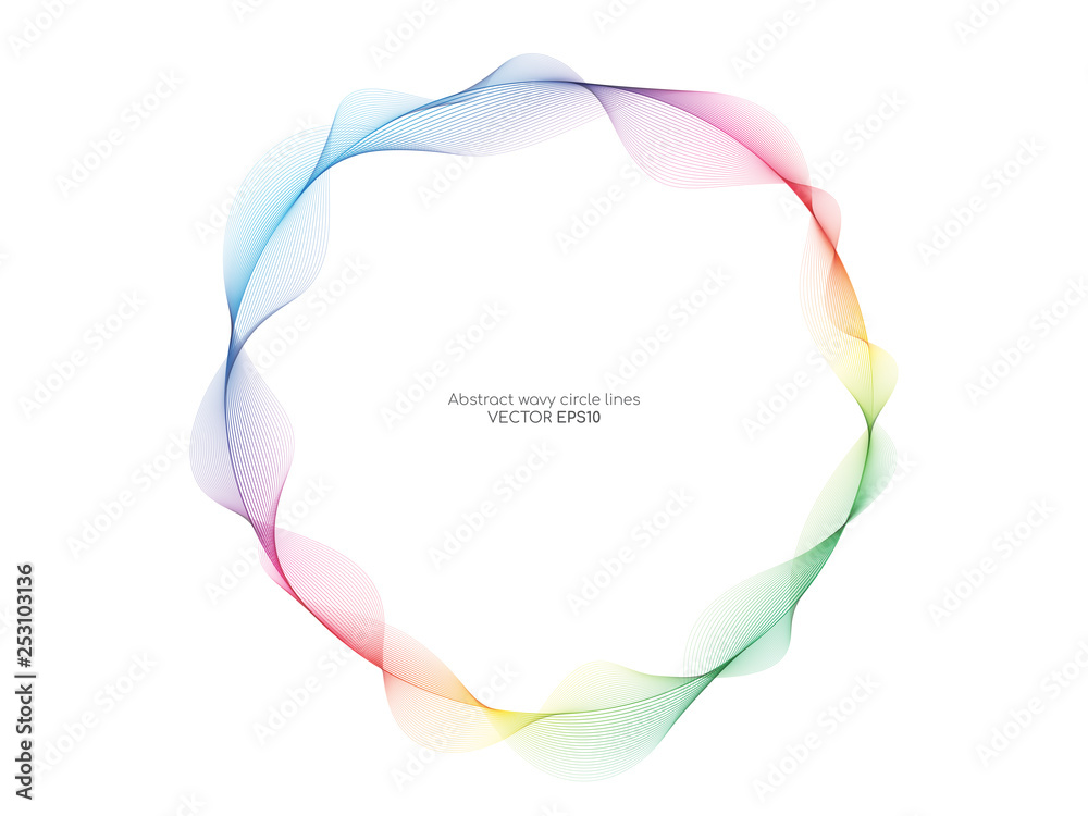 Poster Vector abstract colourful circle frame with wave lines pattern flowing isolated on white background in concept of music, technology, ai