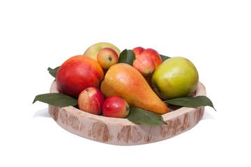 Yellow pears, red nectarines, green large apples and red Chinese apples in a frame of green leaves lie on a handmade wooden plate. The plate is made of cross-section. Isolated on white