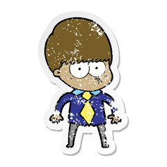 distressed sticker of a nervous cartoon boy wearing shirt and tie