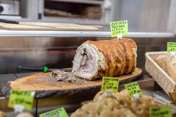 porchetta is a typical central Italian dish. It consists of a whole pig, emptied, boned and cooked © Andrey Cherkasov