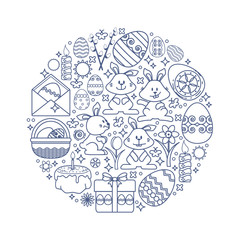 Fototapeta premium Easter elements arranged in circle. Vector Bunny, gift, egg.