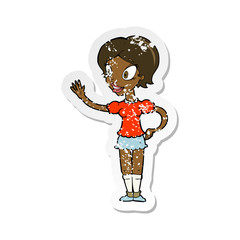 retro distressed sticker of a cartoon waving woman