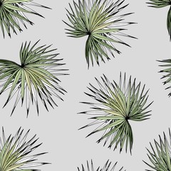 Seamless pattern with green palm leaves. Hand drawn vector on light gray background.