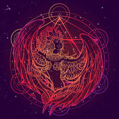 Sirin - half-woman half-bird in Russian myths and fairy tales. Singing and laughing. Intricate linear drawing isolated on occult nightsky background. Tattoo design. EPS10 vector drawing.