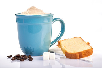 Coffee cup with pound cake on white background