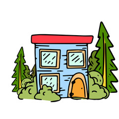 Fairy Tale houses in forests. Hand drawn cute little houses doodle style several objects copy space. Cartoon houses and game icons. Design for poster, invitation card, logo, cover or book.