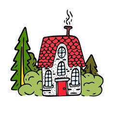 Fairy Tale houses in forests. Hand drawn cute little houses doodle style several objects copy space. Cartoon houses and game icons. Design for poster, invitation card, logo, cover or book.