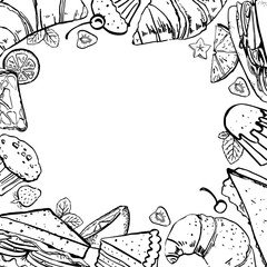 Obraz premium Frame with sandwiches, muffins, cakes and croissants. Hand drawn outline sketch vector illustration