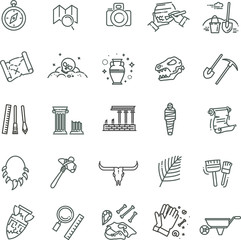 Outline black icons set in thin modern design style, flat line stroke vector symbols - archeology collection - obrazy, fototapety, plakaty