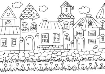 Hand drawn coloring page with old city street