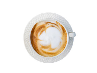 Hot Cappuccino coffee in a white cup close up, isolated on white background.