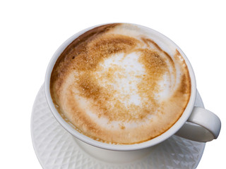 Hot Cappuccino coffee in a white cup close up, isolated on white background.