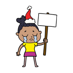 line drawing of a crying woman with protest sign wearing santa hat