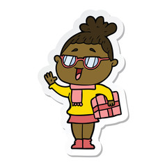 sticker of a cartoon happy woman wearing spectacles