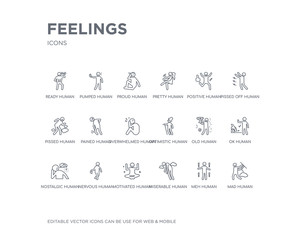 simple set of feelings vector line icons. contains such icons as mad human, meh human, miserable human, motivated nervous nostalgic ok old optimistic and more. editable pixel perfect.