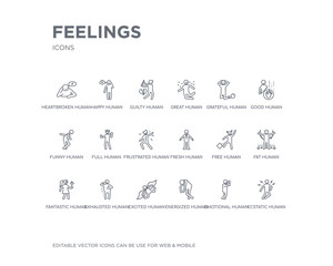 simple set of feelings vector line icons. contains such icons as ecstatic human, emotional human, energized human, excited exhausted fantastic fat free fresh and more. editable pixel perfect.