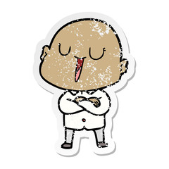 distressed sticker of a happy cartoon bald man