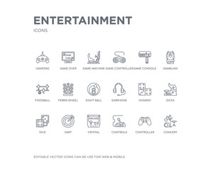 simple set of entertainment vector line icons. contains such icons as concert, controller, controls, crystal, dart, dice, dices, domino, earphone and more. editable pixel perfect.