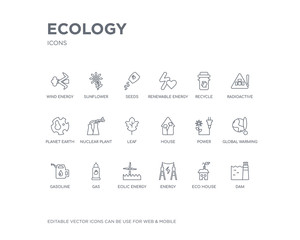 simple set of ecology vector line icons. contains such icons as dam, eco house, energy, eolic energy, gas, gasoline, global warming, power, house and more. editable pixel perfect.