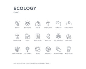 simple set of ecology vector line icons. contains such icons as recycle bin, recycled paper, renewable, reuse, save energy, save the world, save water, solar panels, think eco and more. editable