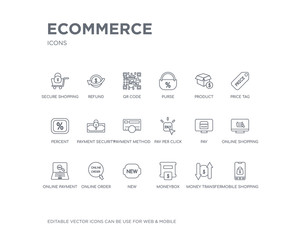 simple set of ecommerce vector line icons. contains such icons as mobile shopping, money transfer, moneybox, new, online order, online payment, online shopping, pay, pay per click and more. editable