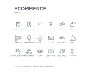 simple set of ecommerce vector line icons. contains such icons as discount, dollar bill, ecommerce, euro, exchange rate, financial presentation, free, get money, gift card and more. editable pixel