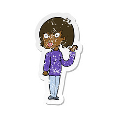 retro distressed sticker of a cartoon waving woman