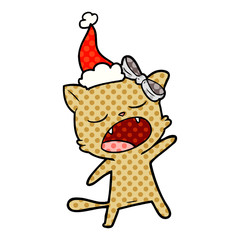 comic book style illustration of a singing cat wearing santa hat