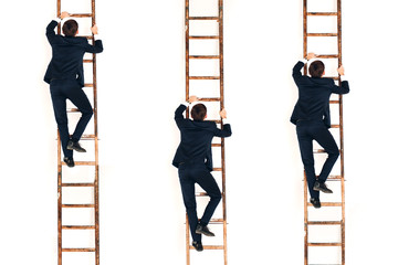 Businessman in black suit lift up the stair. Career and growth in business concept. White background and copy space.