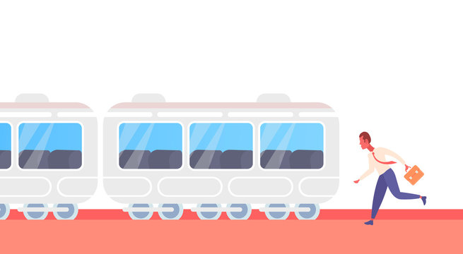 businessman running to catch train subway city public transport underground tram hurry up late concept male cartoon character full length horizontal