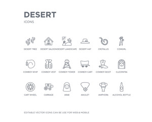 simple set of desert vector line icons. contains such icons as alcohol bottle, amphora, amulet, arab, carriage, cart wheel, cleopatra, cowboy boot, cowboy cart and more. editable pixel perfect.