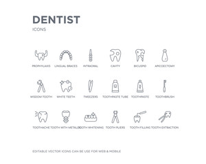 simple set of dentist vector line icons. contains such icons as tooth extraction, tooth filling, tooth pliers, whitening, with metallic root, toothache, toothbrush, toothpaste, toothpaste tube and