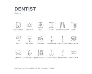 simple set of dentist vector line icons. contains such icons as dentist mask, dentist mirror, scissors, tools, dentists drill tool, denture, ekg monitor, electric toothbrush, empty syringe and more.