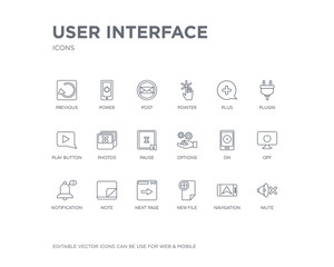 simple set of user interface vector line icons. contains such icons as mute, navigation, new file, next page, note, notification, off, on, options and more. editable pixel perfect.