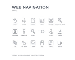 simple set of web navigation vector line icons. contains such icons as insert, items, key, layout, left arrow, link, loading, login,   and more. editable pixel perfect.