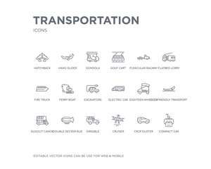 simple set of transportation vector line icons. contains such icons as compact car, crop duster, cruiser, dirigible, double decker bus, dugout canoe, eco-friendly transport, eighteen-wheeler,